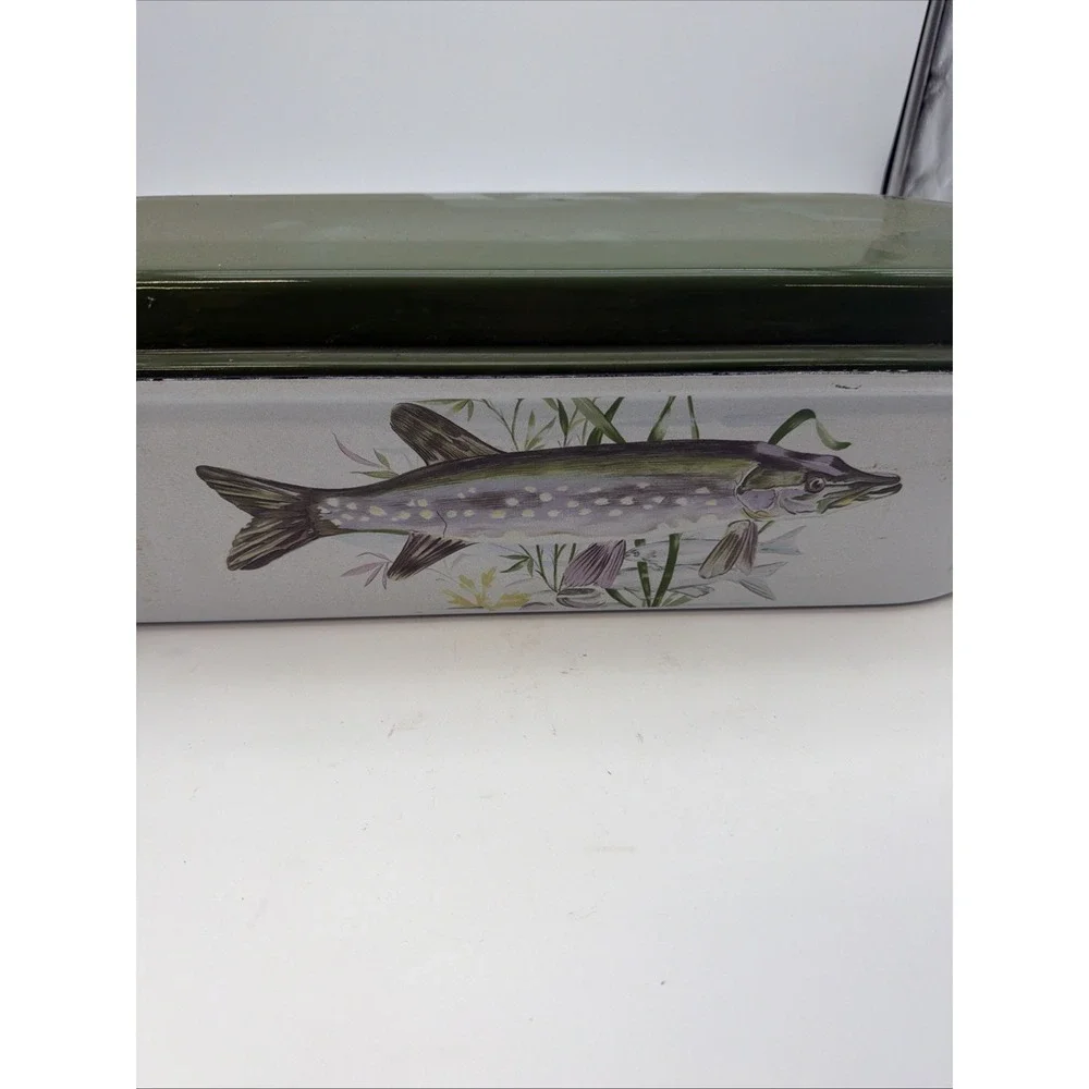 Fish poacher, asparagus steamer, with rack, enamel ware, French vintage